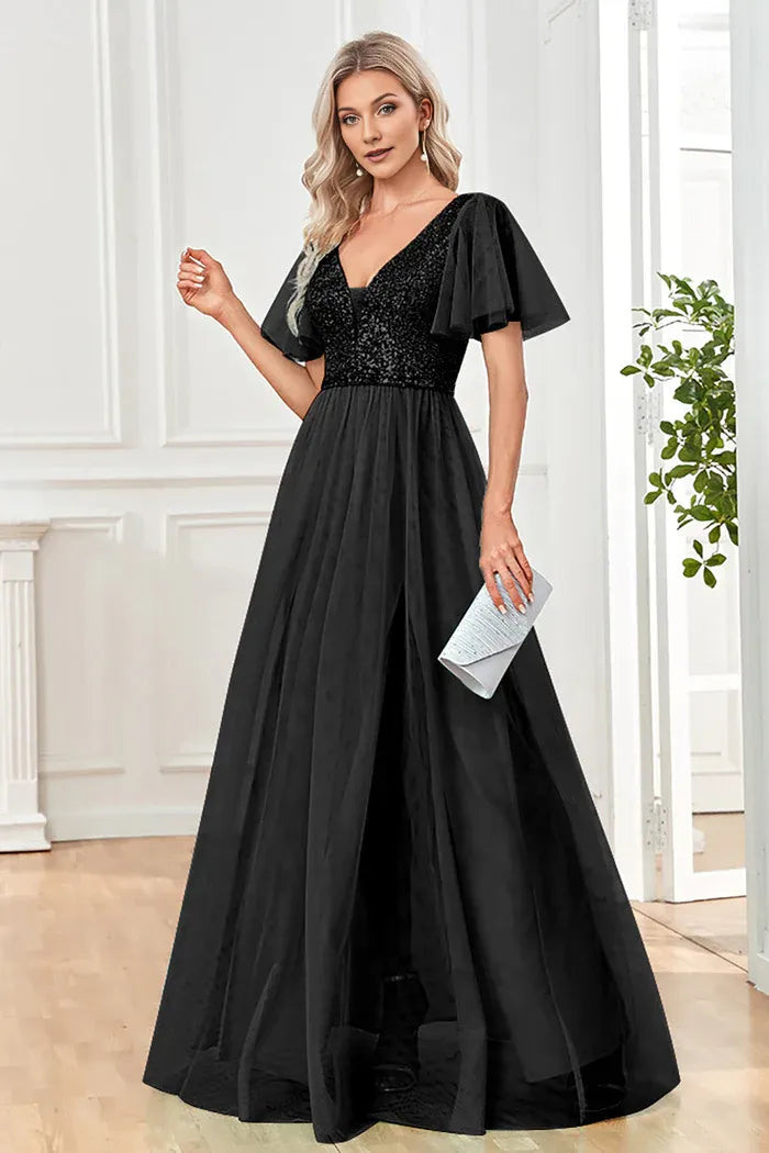Weitese Dress Black A-Line V Neck Party Dress Maxi Dress Sleeveless With Sequins Prom Dress